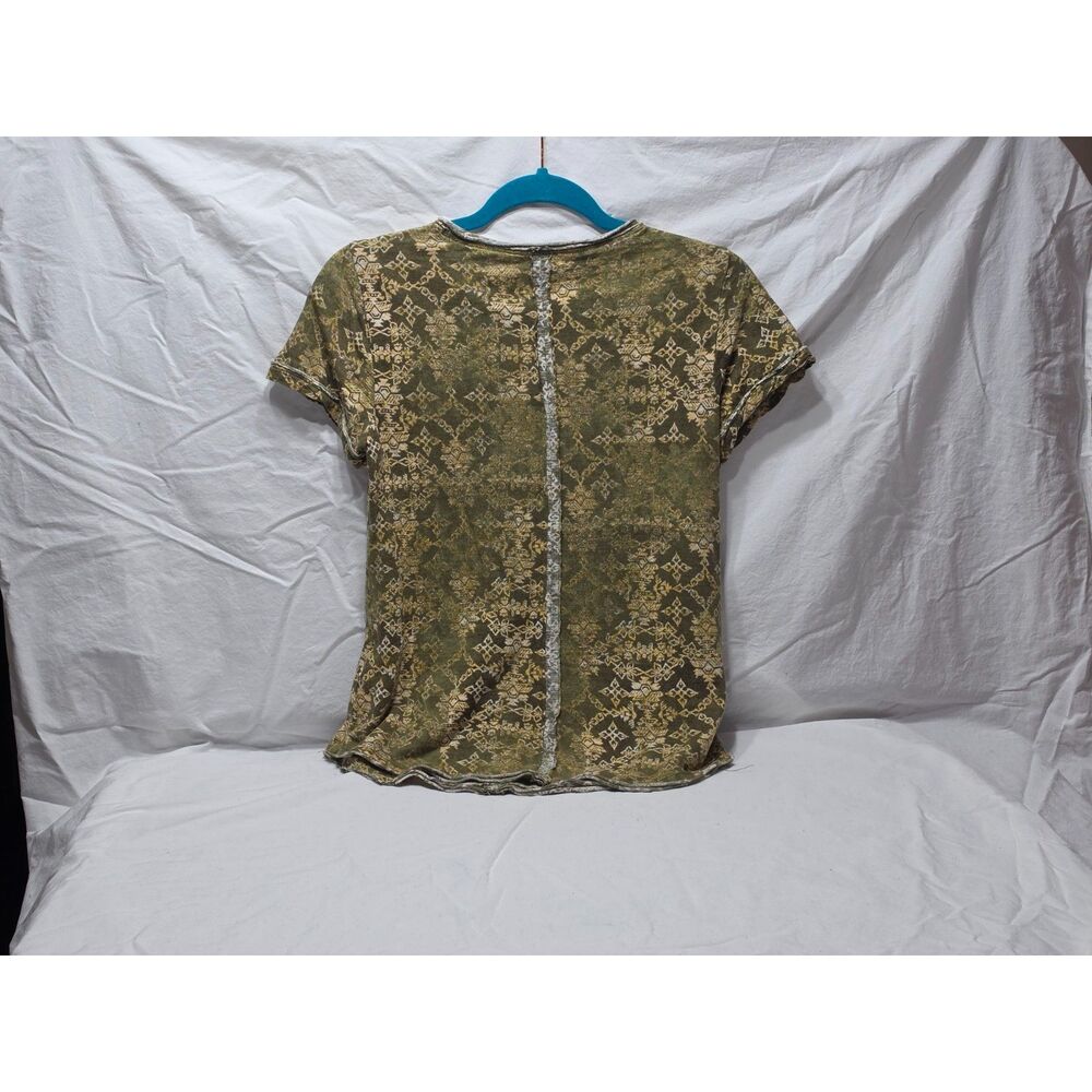 Pilcro Anthropologie Earthy Olive Medallion Print Ruched Placket T-Shirt Size XS